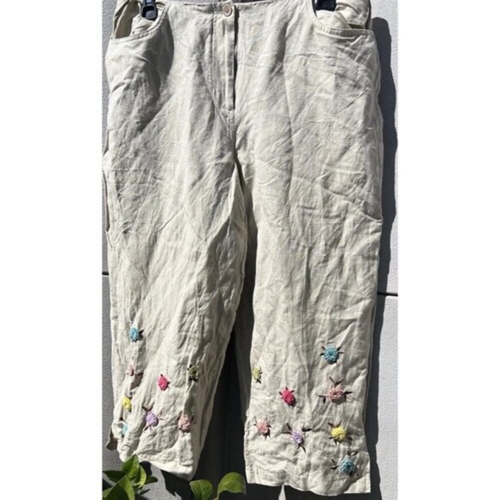 Vintage Larry Lavine Women’s Sz 12 Pants Linen Blend Cropped Floral Embroidered